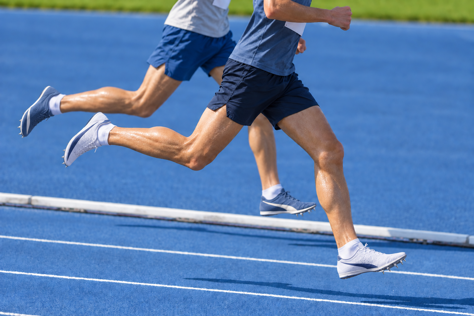 青い陸上トラックを走る短距離選手